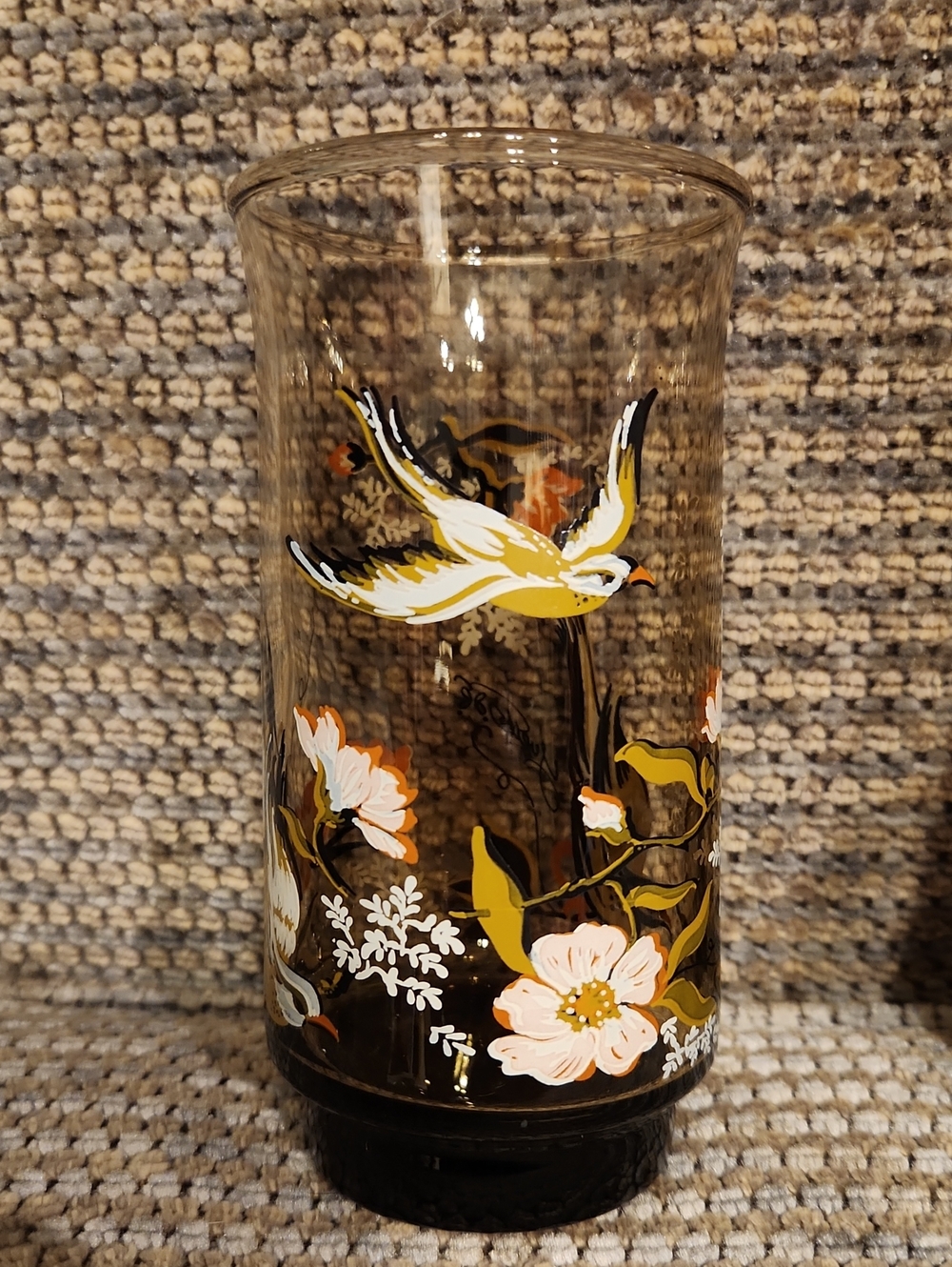 Vintage 1970s Yvette Signed Smoked Glass Tumblers Set of 6 Bird Floral